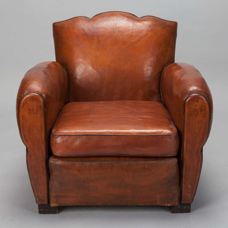 Mid-20th Century Pair Art Deco Brown Leather Club Chairs