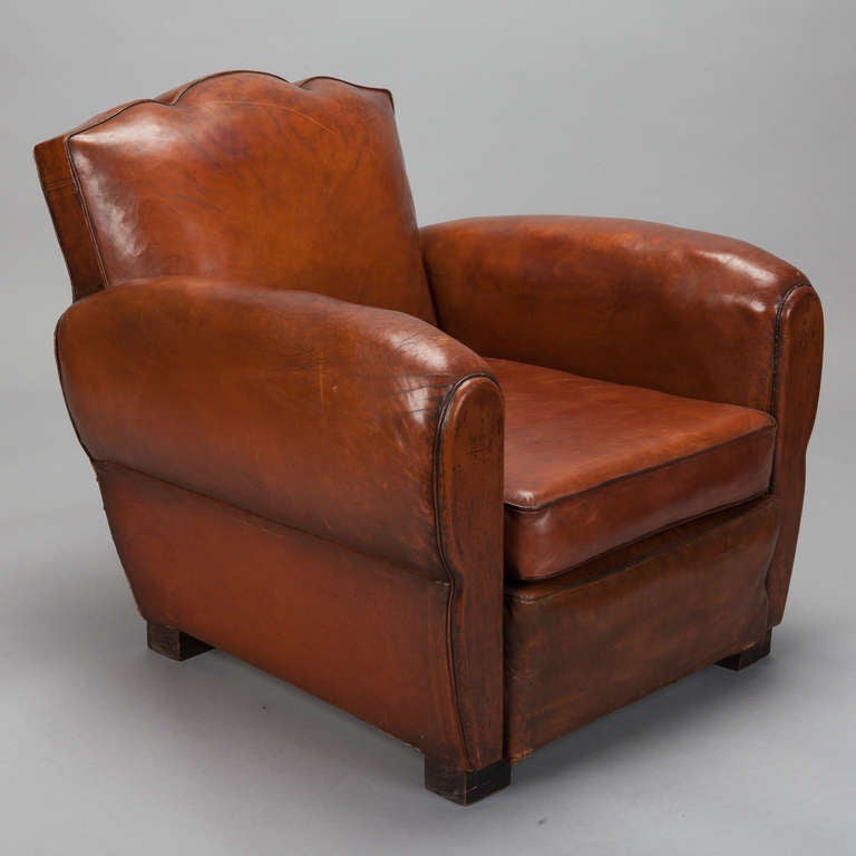 Pair Art Deco Brown Leather Club Chairs 1