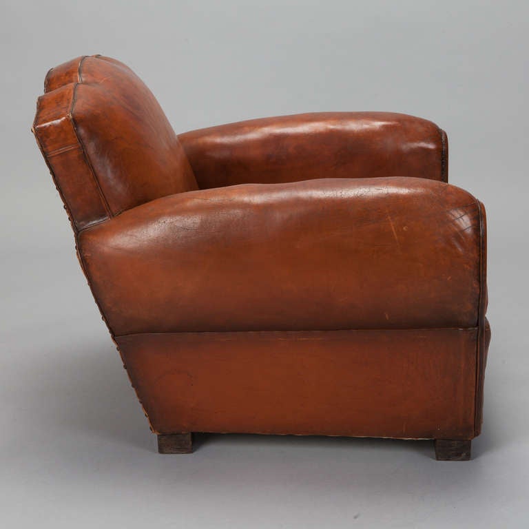 Pair Art Deco Brown Leather Club Chairs 2