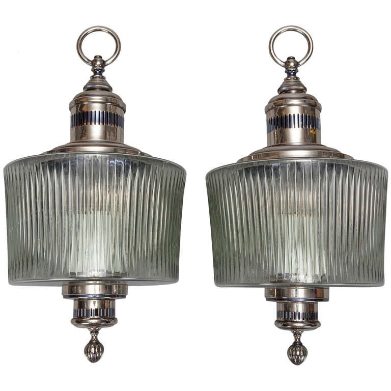 Pair Large Mid Century Chrome and Ribbed Glass Sconces at 1stdibs