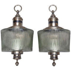 Pair Large Mid Century Chrome and Ribbed Glass Sconces