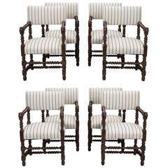 Set of 8 French Oak Louis XIII Chairs with Turned Arms and Legs