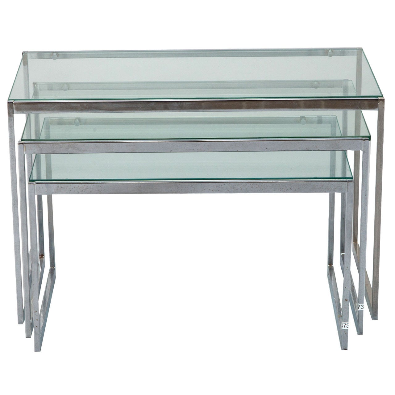 Three Mid Century Polished Nickel and Glass Nesting Tables