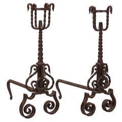 Monumental Pair of French Hand Wrought Andirons