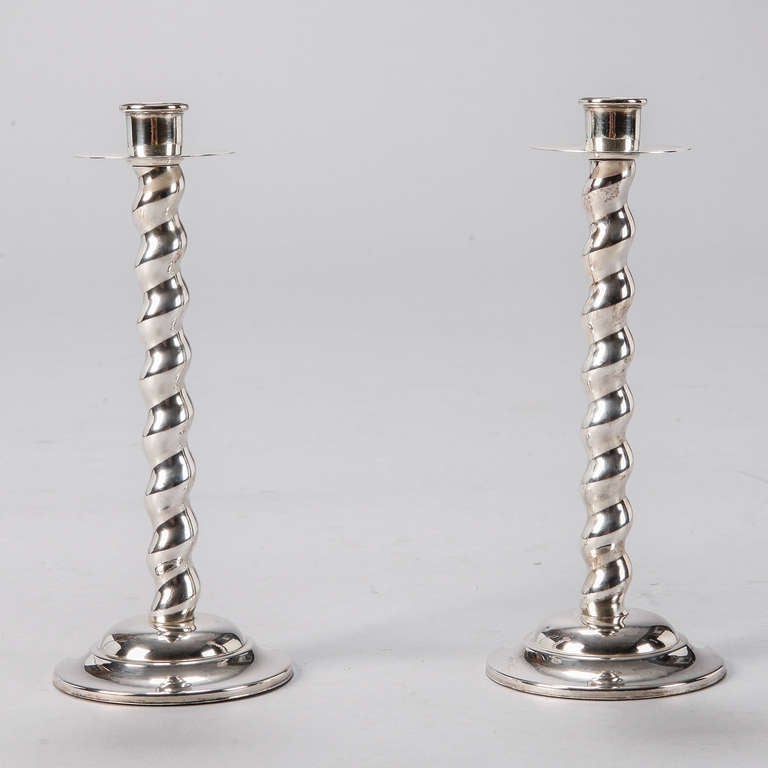 Pair of English Silver Plate, Twist Column Candlesticks at 1stdibs