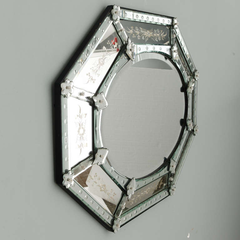 Glass Octagonal Etched Venetian Mirror with Oval Center