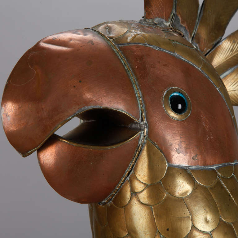 Mid-20th Century Large Midcentury Brass and Copper Cockatoo on Perch