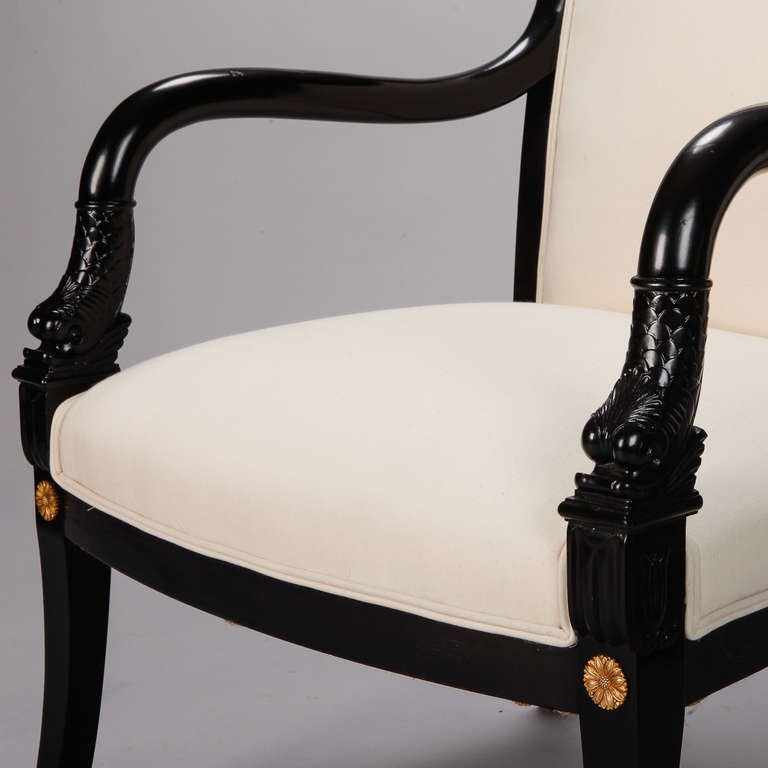 19th Century Pair of His and Hers Ebonized Empire Style Dolphin Chairs with Brass Mounts