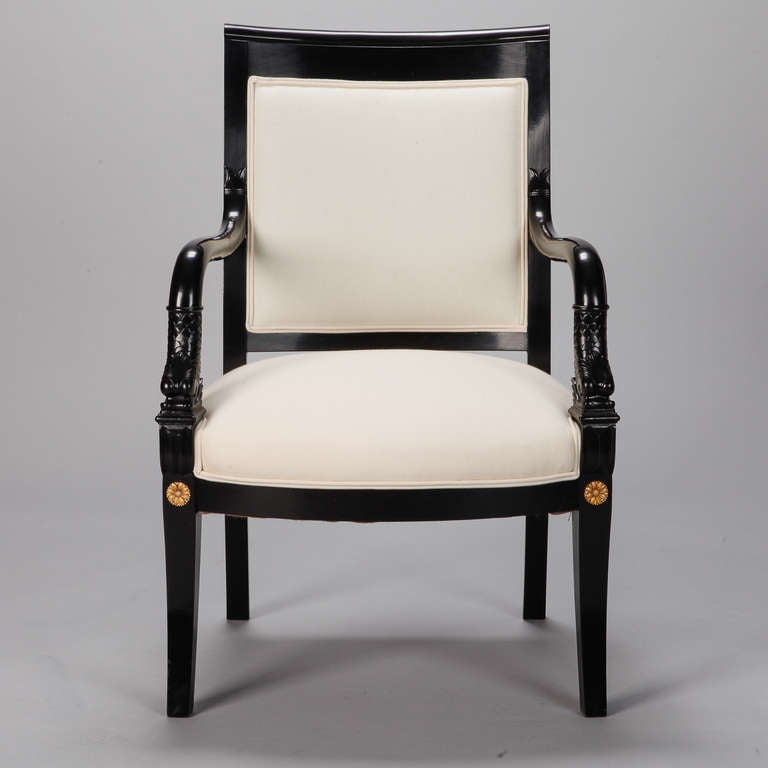 Fabric Pair of His and Hers Ebonized Empire Style Dolphin Chairs with Brass Mounts