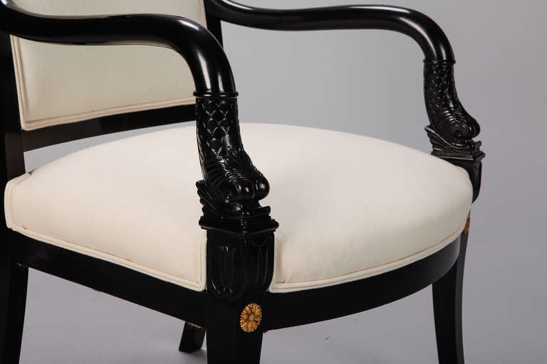 Pair of His and Hers Ebonized Empire Style Dolphin Chairs with Brass Mounts 2