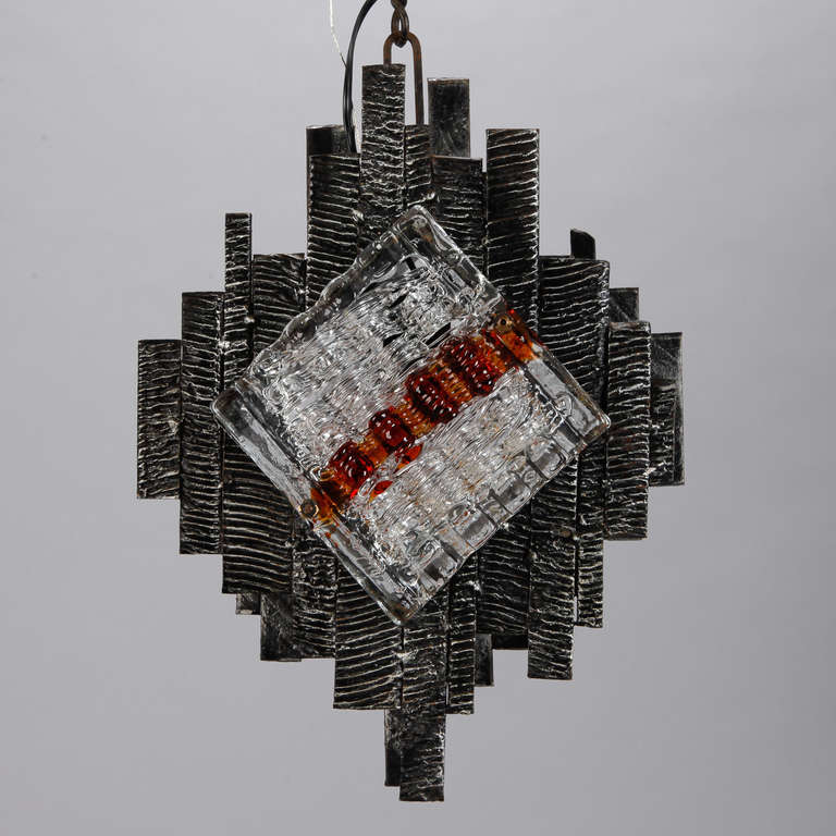 Italian Midcentury Iron and Glass Brutalist Style Hanging Fixture