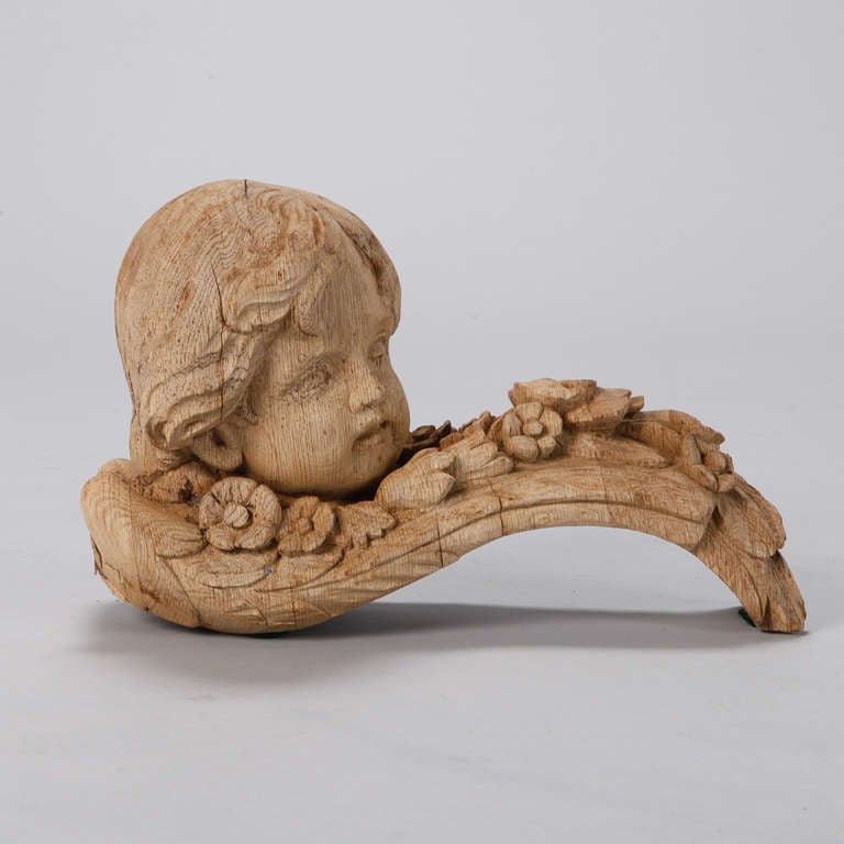 French Pair of 19th Century Bleached Oak Carved Cherubs