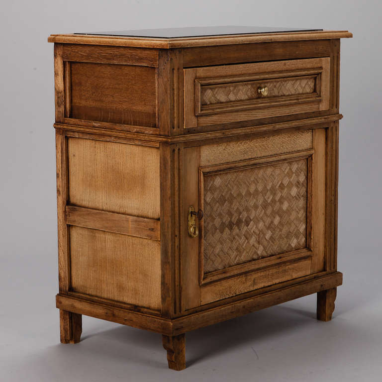 Small Oak Marble Top Cabinet with Basketweave Inlay