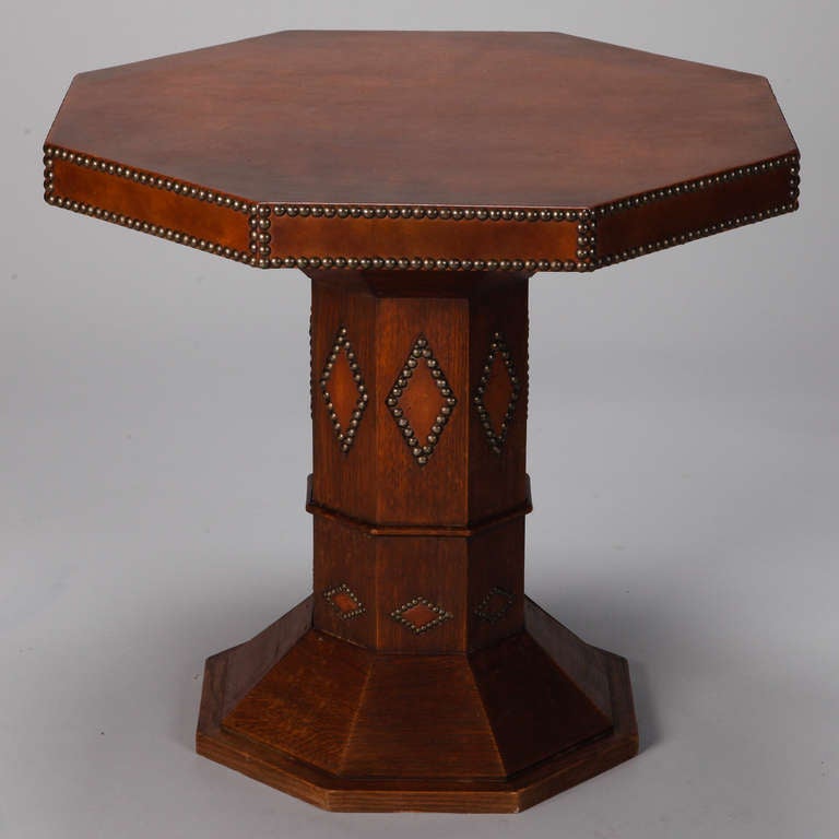 French Art Deco Octagonal Brown Leather Table 2