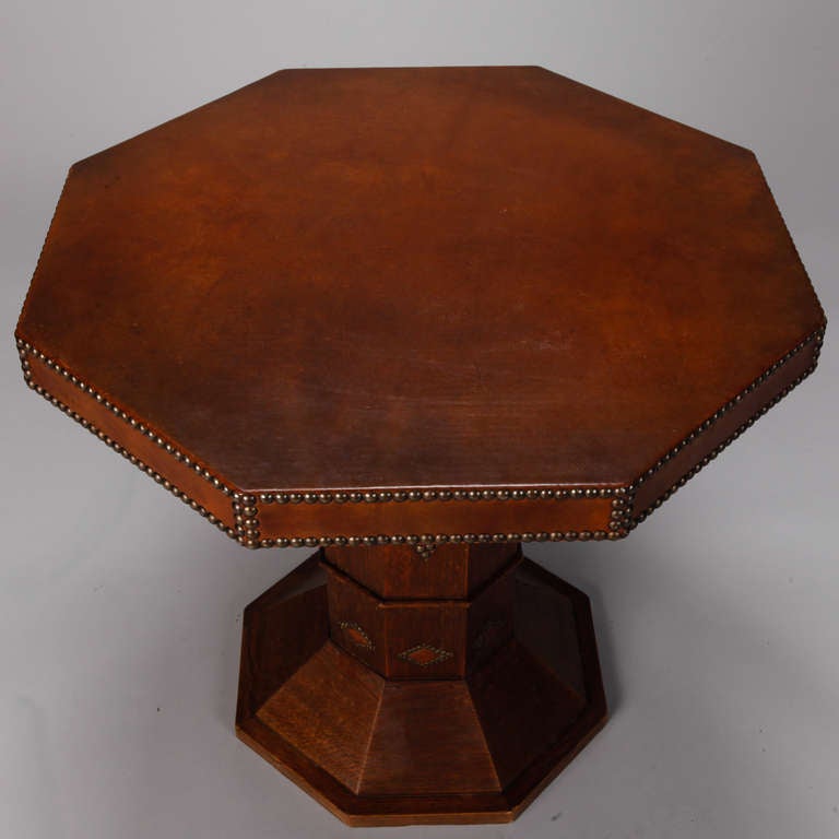 French Art Deco Octagonal Brown Leather Table 3