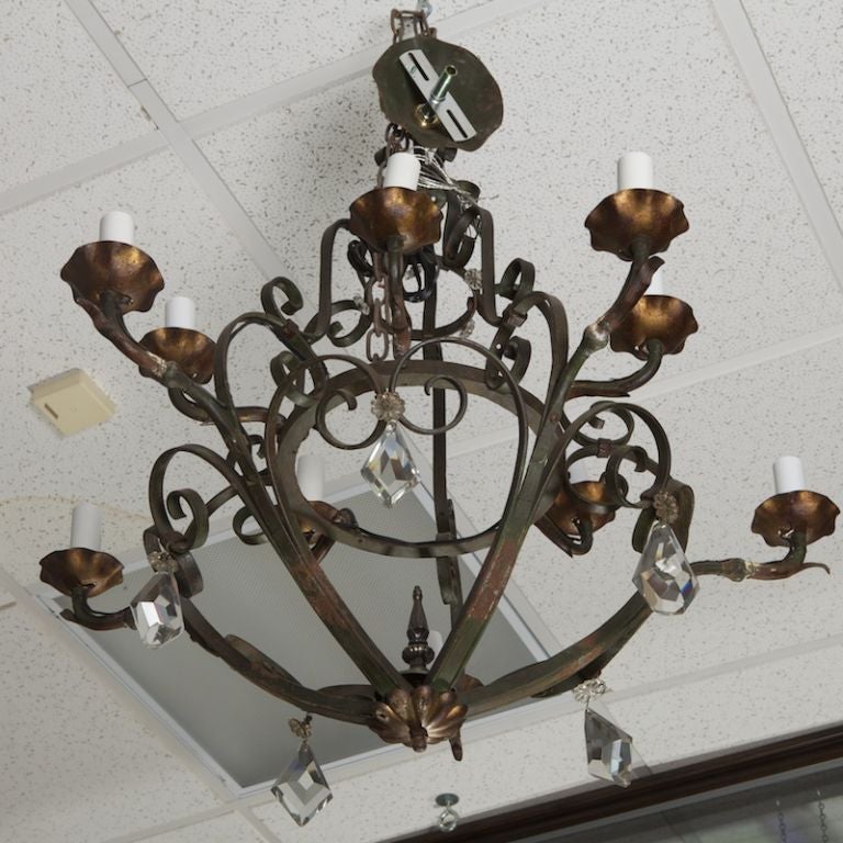 Metal Ten-Light Fer Forge Chandelier with Crystals