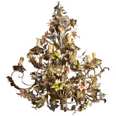 French Large All Tole Floral Chandelier