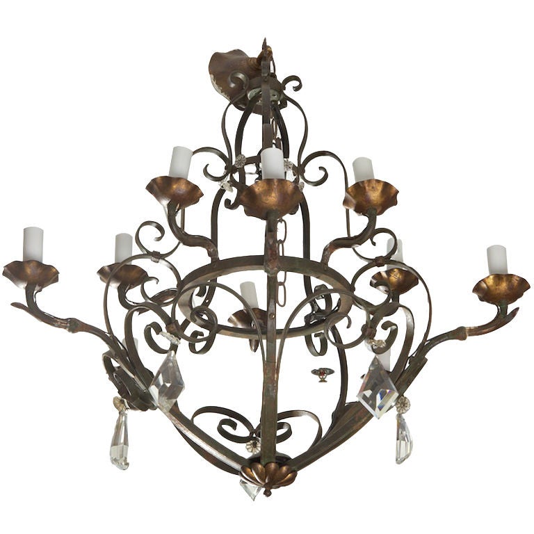 Ten-Light Fer Forge Chandelier with Crystals