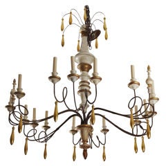 Antique Large Italian Wood and Iron Chandelier