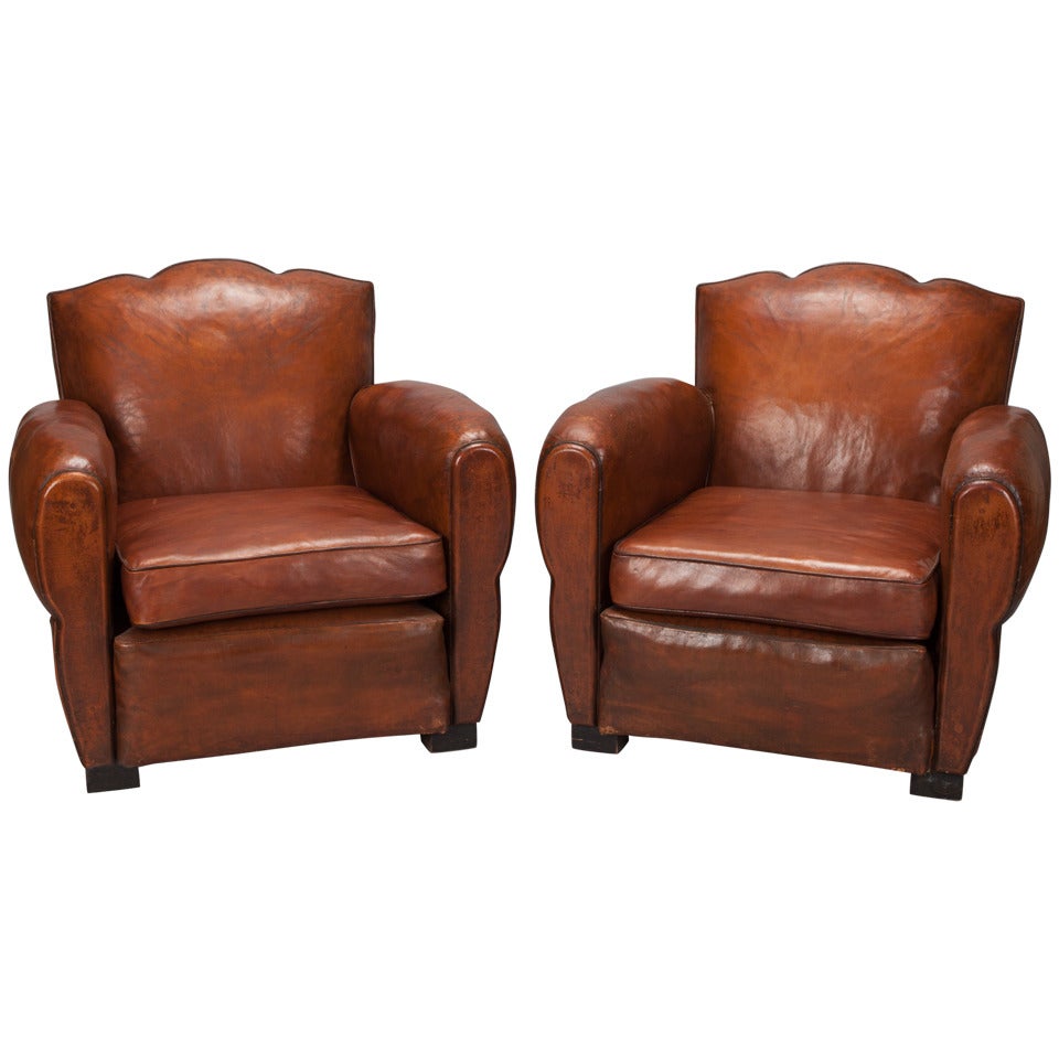 Pair Art Deco Brown Leather Club Chairs