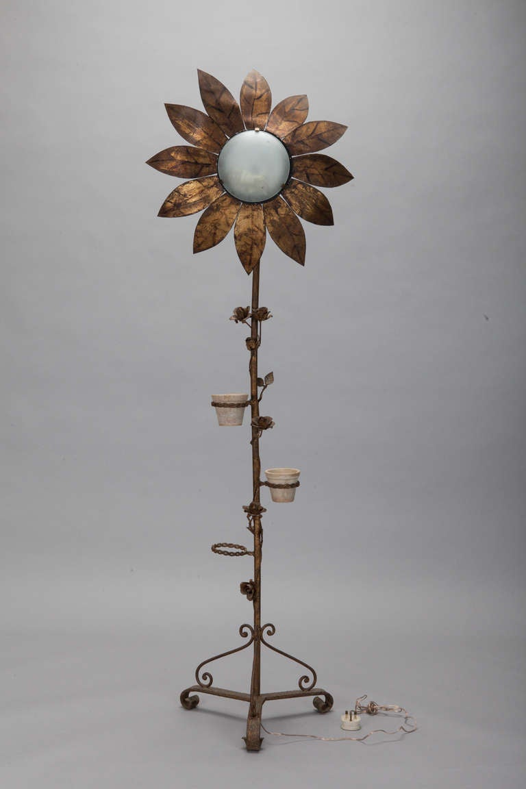 Tall Spanish Gilt Metal Sunflower Floor Lamp In Excellent Condition In Troy, MI