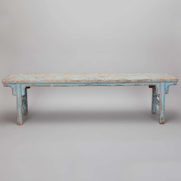 Long Chinese Bench with Worn Blue Painted Finish