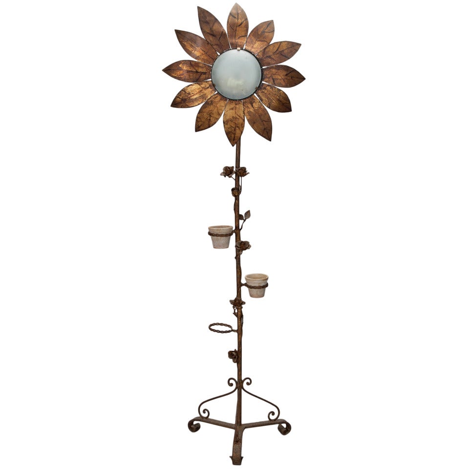 Tall Spanish Gilt Metal Sunflower Floor Lamp