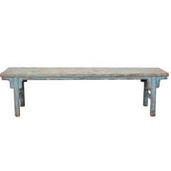 Long Chinese Bench with Worn Blue Painted Finish