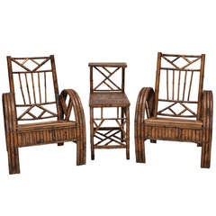 Pair of Colonial India Bamboo Armchairs and Coordinating Table