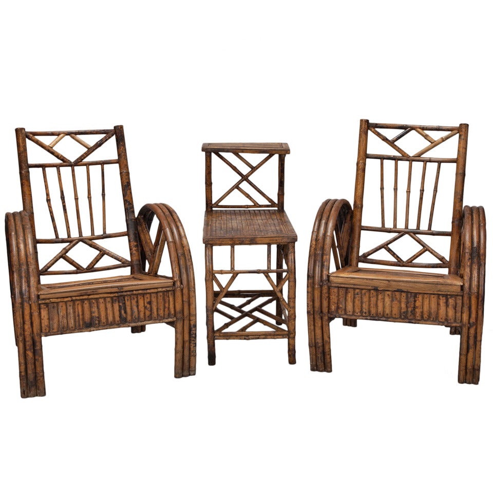 Pair of Colonial India Bamboo Armchairs and Coordinating Table