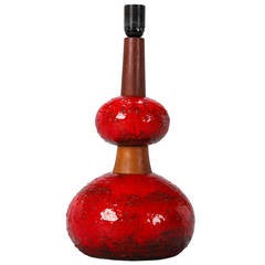 Midcentury Red Ceramic and Walnut Lamp