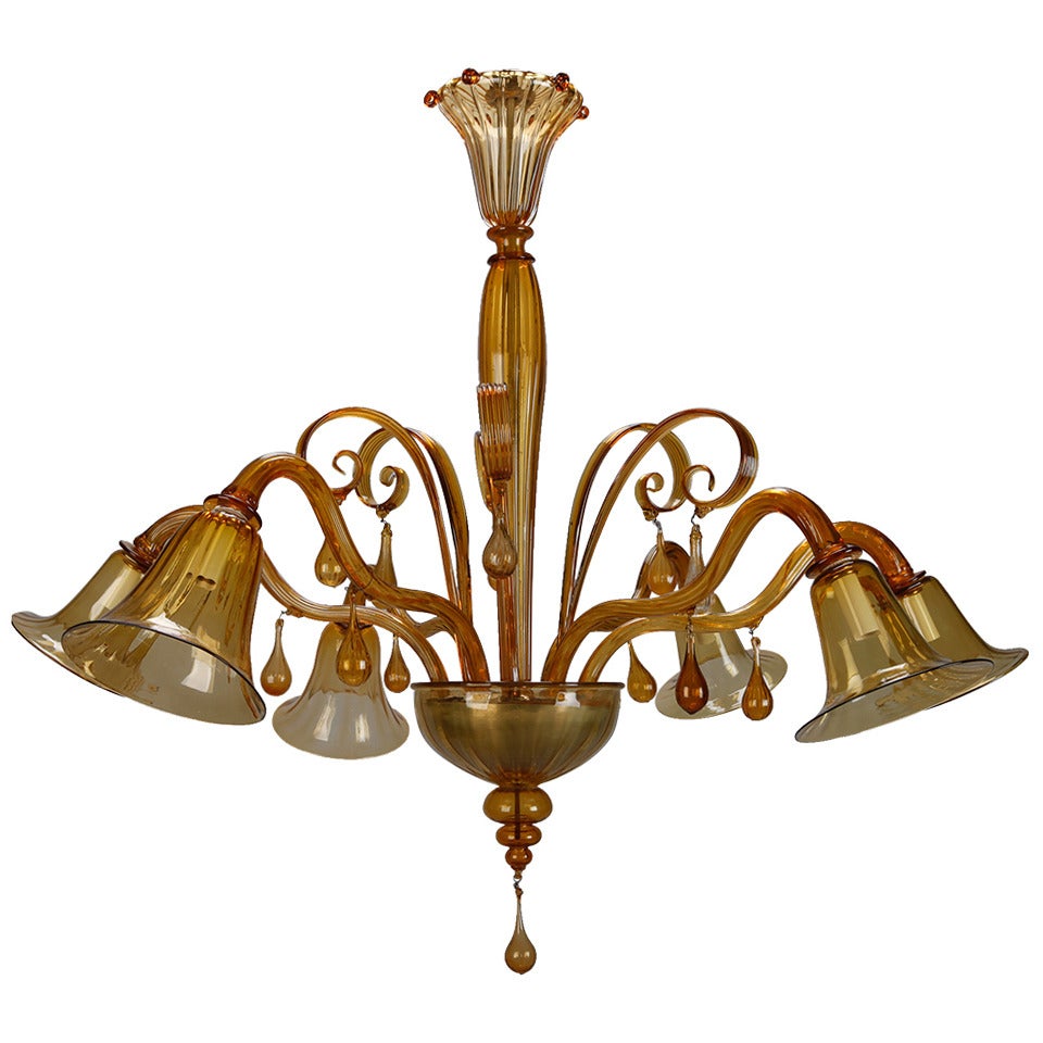 Large Amber Color Six-Arm Chandelier, attributed to Venini