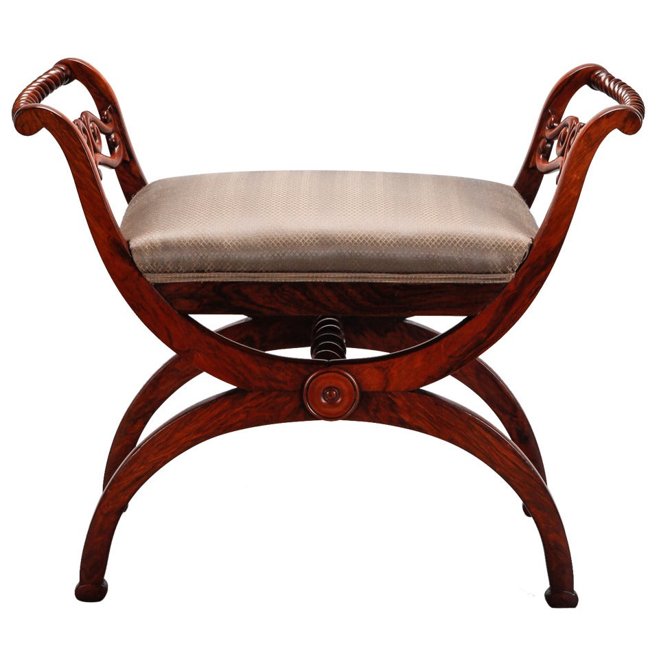 French Rosewood Stool with Graceful Carved Arms
