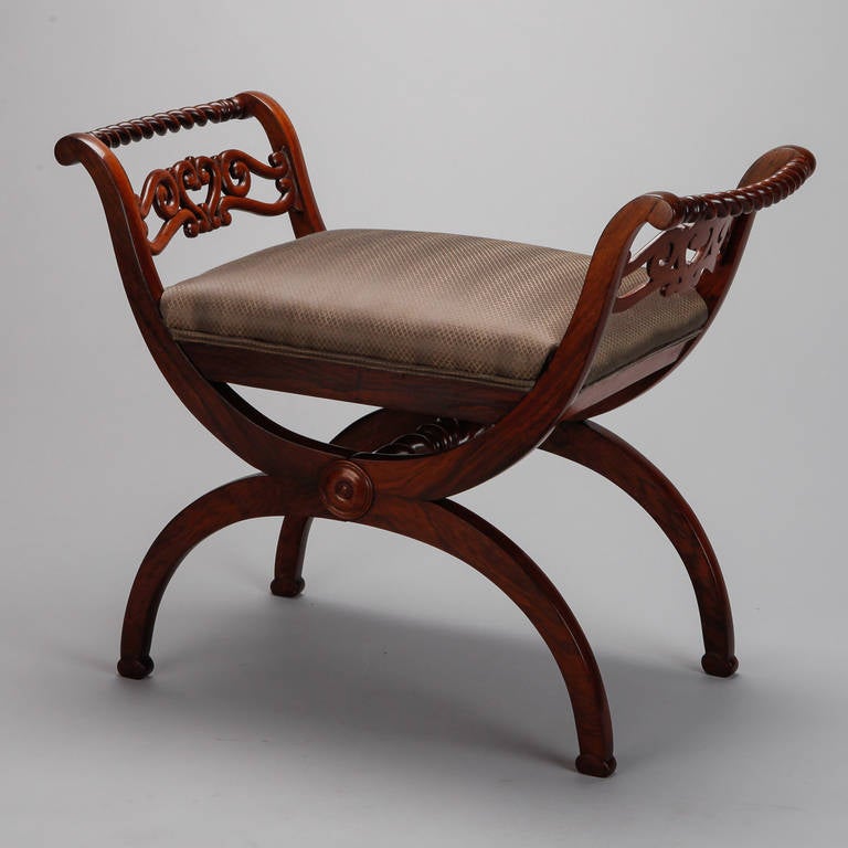 20th Century French Rosewood Stool with Graceful Carved Arms