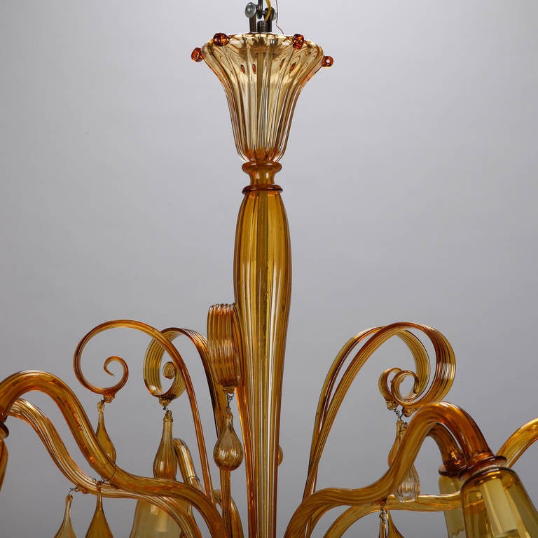 Italian Large Amber Color Six-Arm Chandelier, attributed to Venini
