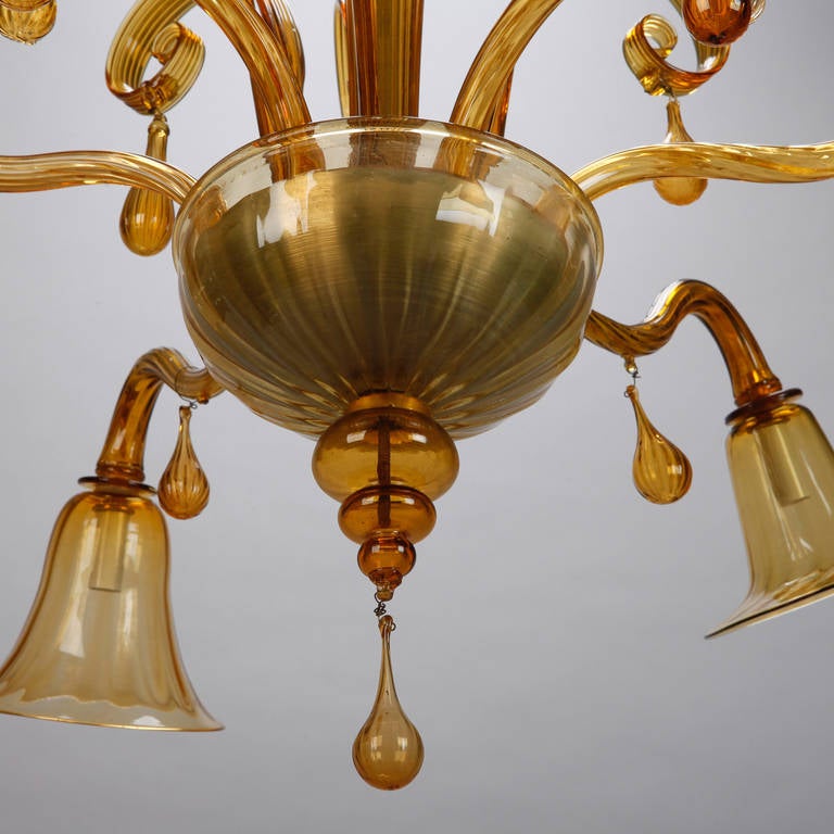 Large Amber Color Six-Arm Chandelier, attributed to Venini In Excellent Condition In Troy, MI