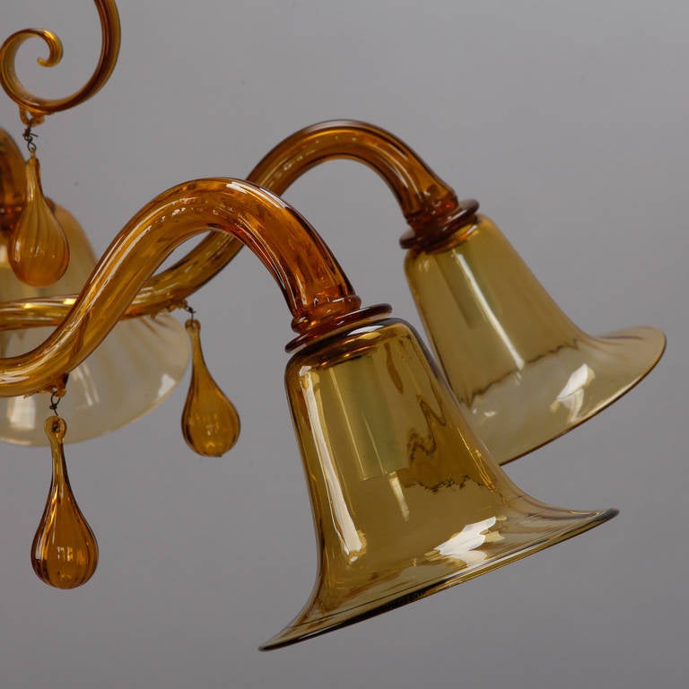 Large Amber Color Six-Arm Chandelier, attributed to Venini 1