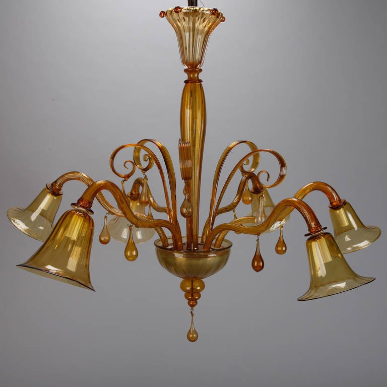 Large Amber Color Six-Arm Chandelier, attributed to Venini 2