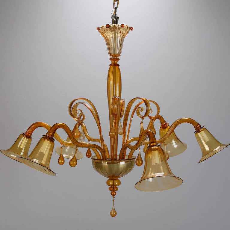 Large Amber Color Six-Arm Chandelier, attributed to Venini 3