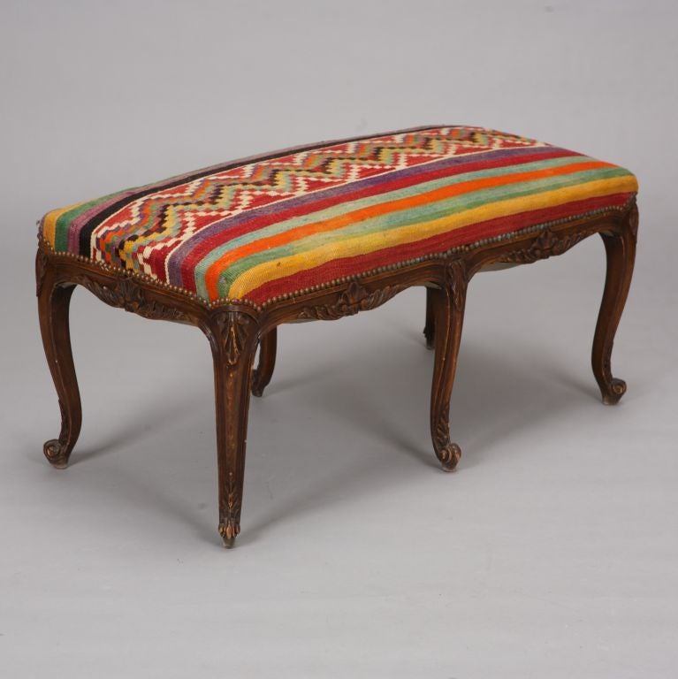 French Six Legged Carved Bench with Kilim Upholstery