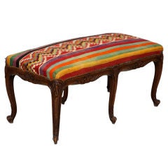 French Six Legged Carved Bench with Kilim Upholstery