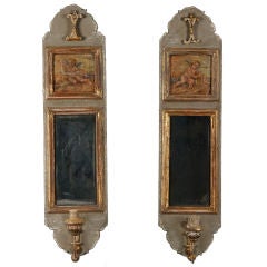 Pair of Tall French Mirrored Sconces with Painted Puti