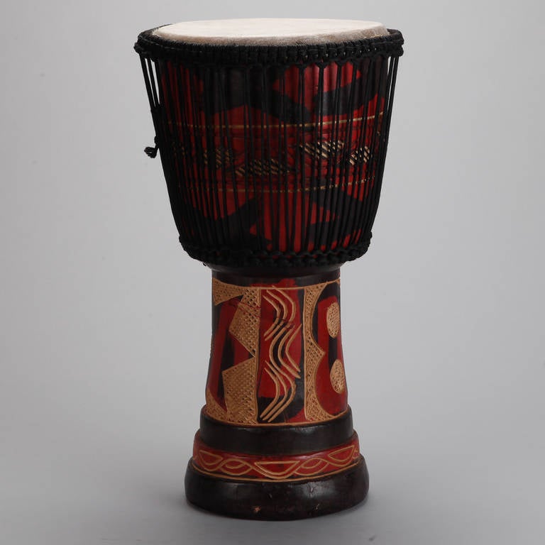 20th Century Painted and Carved Drum from Ghana West Africa