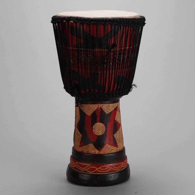 Leather Painted and Carved Drum from Ghana West Africa