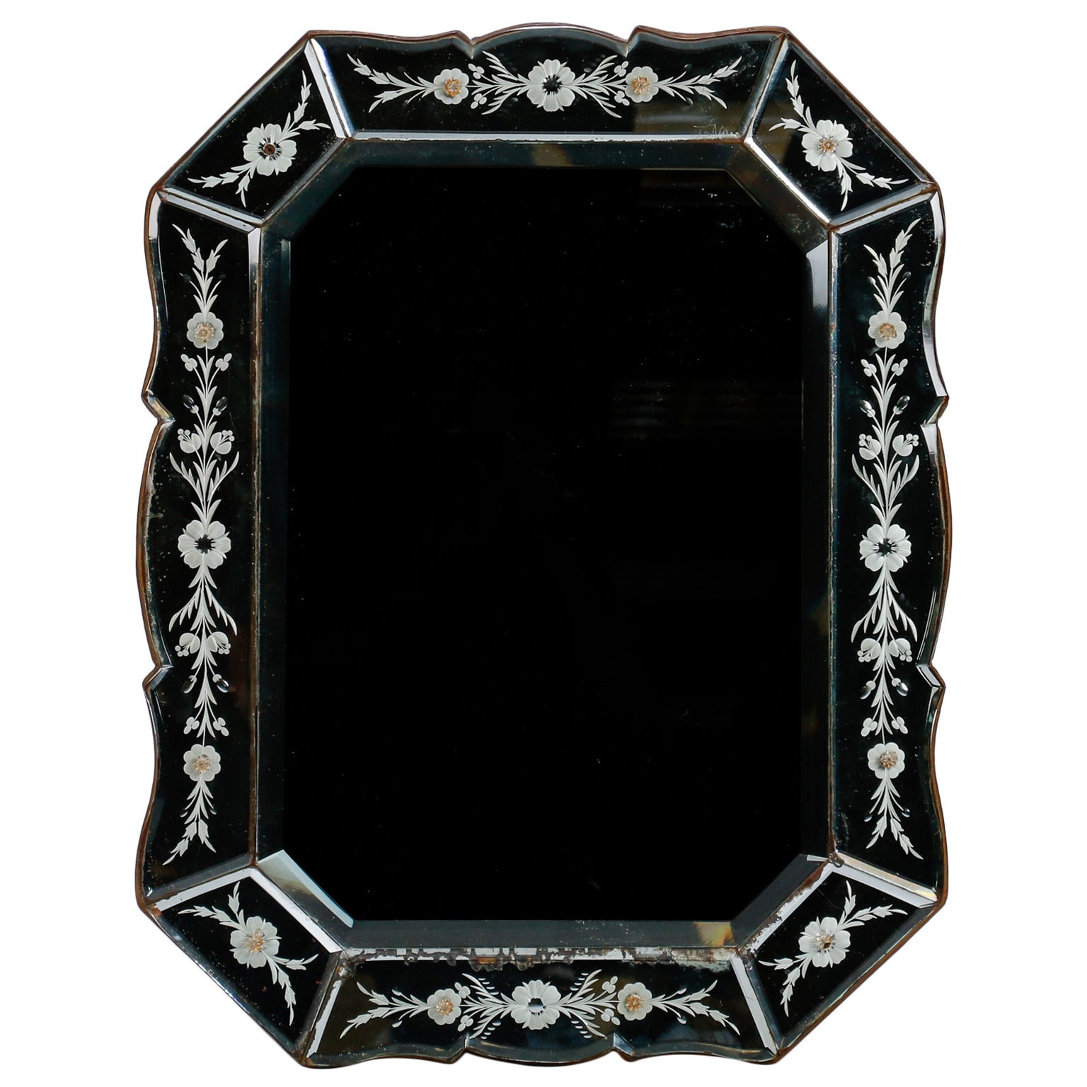 Art Deco Venetian Mirror with Eight-Sided Etched Frame