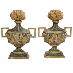 Pair of 19th Century Italian Carved Wood Decorative Urns 10