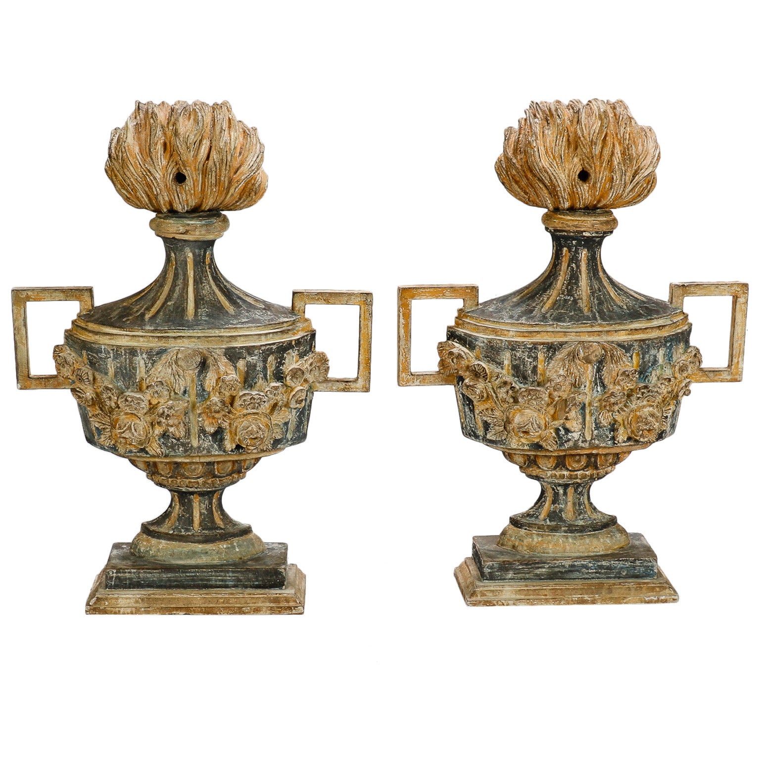 Pair of 19th Century Italian Carved Wood Decorative Urns