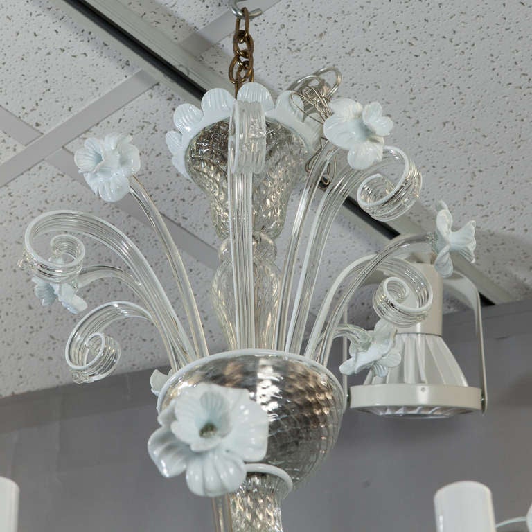 Italian Six-Light Venetian Glass Clear and White Daffodil Chandelier For Sale