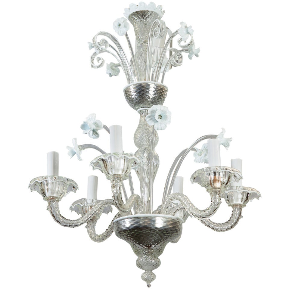 Six-Light Venetian Glass Clear and White Daffodil Chandelier For Sale