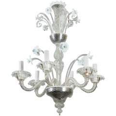 Vintage Six-Light Venetian Glass Clear and White Daffodil Chandelier